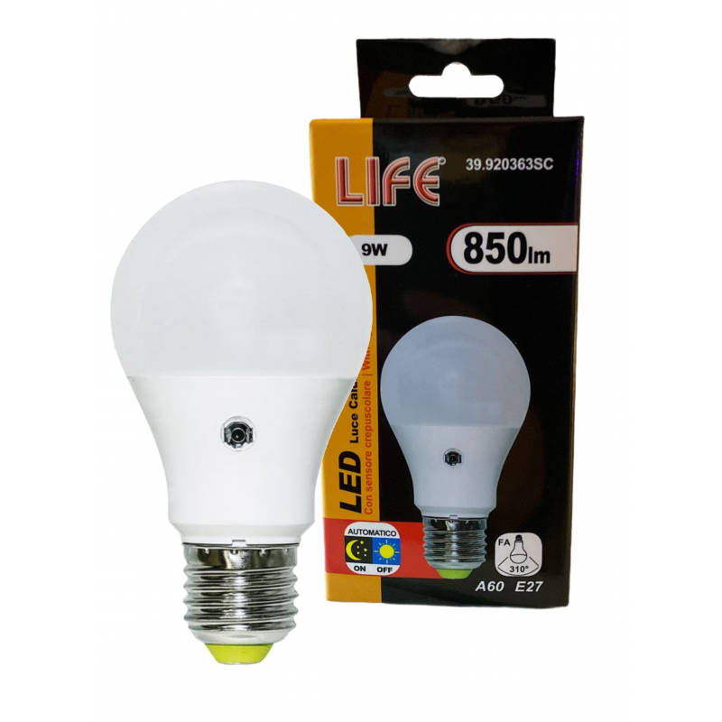 LIFE LAMPADINA LED GOCCIA 9W E27 3000K A60 CON SENSORE CREPUSCOLARE COD:  39.920363SC