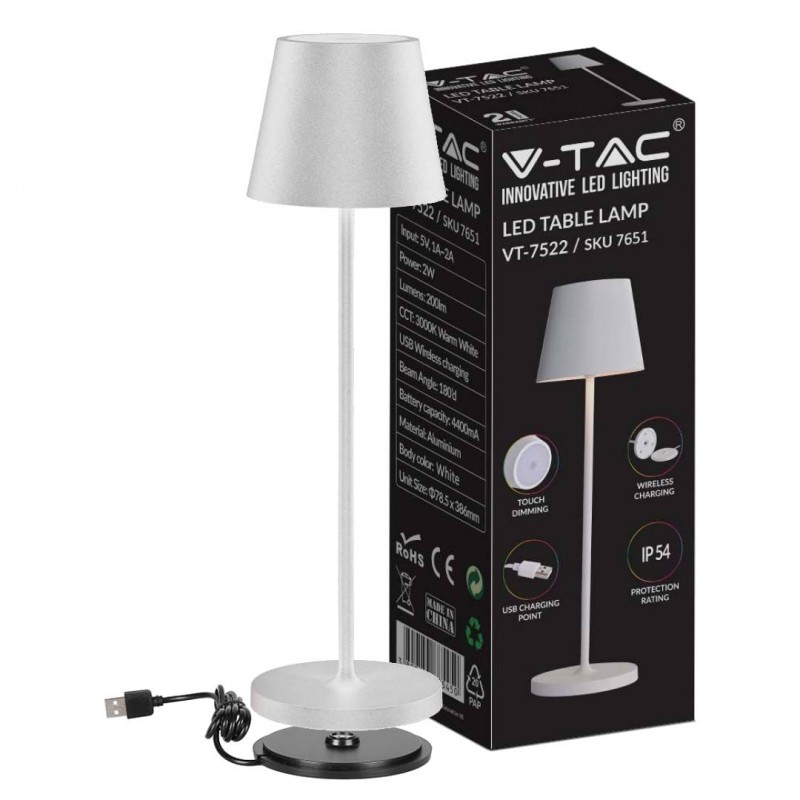 VTAC LAMPADA LED DA TAVOLO 2W 3000K IP54 BIANCA TOUCH DIMMER RICARICA  WIRELESS - SKU: 7651 - VT-7522