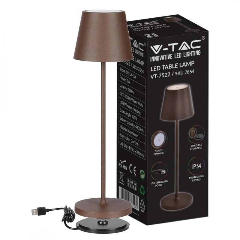 SKU 7654 - VT-7522 - Lampada LED da Tavolo 2W Colore Corten in Alluminio  con caricatore Wireless e Touch Dimmerabile 3000K IP54
